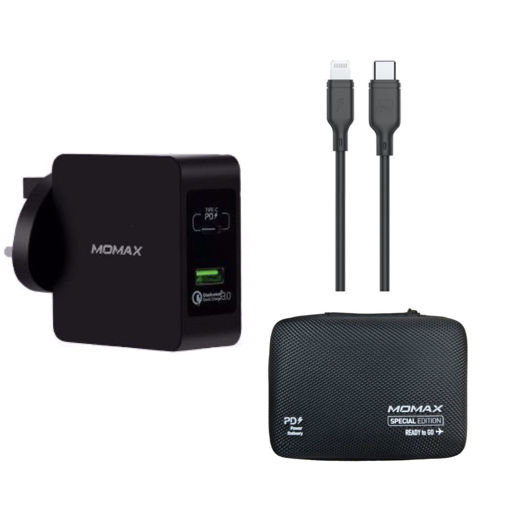 Picture of Momax Ready to Go OnePlug 2 ports Fast Charging Adapter + Lightning to Type-C Cable + Carrying Bag - Black