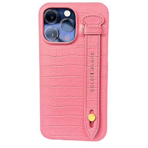 Picture of Gold Black Slim Leather Case with Finger Strap Croco for iPhone 14 Pro Max - Pink