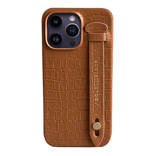 Picture of Gold Black Slim Leather Case with Finger Strap Croco for iPhone 14 Pro Max - Brown