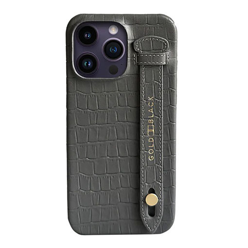 Picture of Gold Black Slim Leather Case with Finger Strap Croco for iPhone 14 Pro - Grey