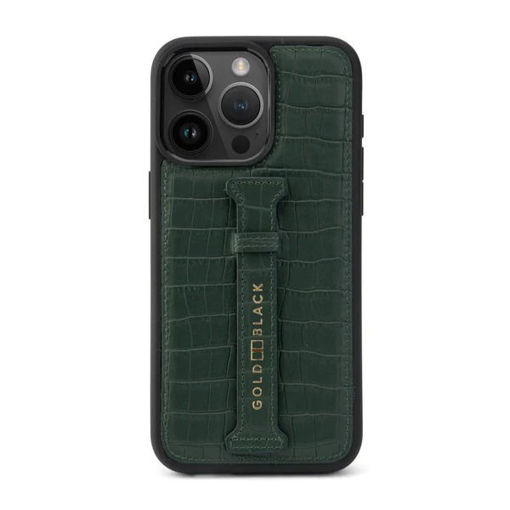 Picture of Gold Black Calf Leather Case with Croco-Embossing and Fingerstrap for iPhone 15 Pro Max - Green