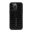 Picture of Gold Black Calf Leather Case with Croco-Embossing and Fingerstrap for iPhone 15 Pro - Black