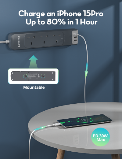 Picture of Ravpower 3 Outlet Power Strip UK Vsn 3M with USB Port - Gray