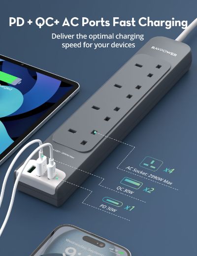 Picture of Ravpower 4 Outlet Power Strip UK Vsn 3M with USB Port - Gray 