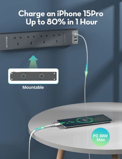 Picture of Ravpower 4 Outlet Power Strip UK Vsn 3M with USB Port - Gray 