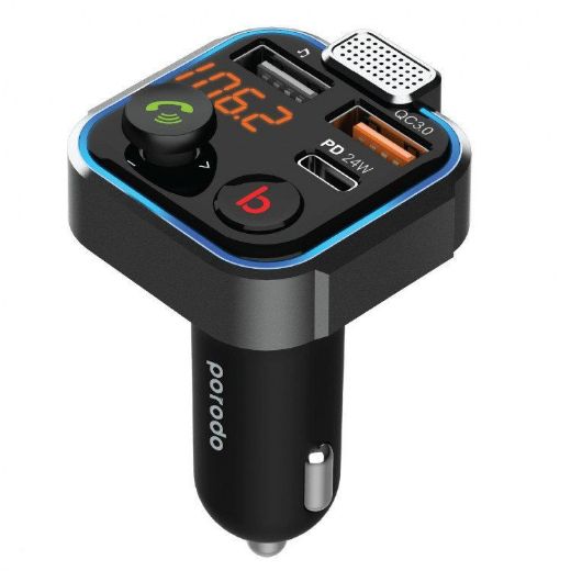 Picture of Porodo Smart Car Charger FM Transmitter With 24W PD Port and QC3.0 - Black