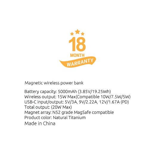 Picture of SIA Mag On 5000mAh PD20W Magnetic Wireless Charging 15W Power Bank - Natural Titanume