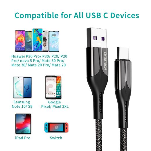 Picture of Choetech 1.2M Usb-A To Type-C Huawei 5A Nylon Braid Cable - Black
