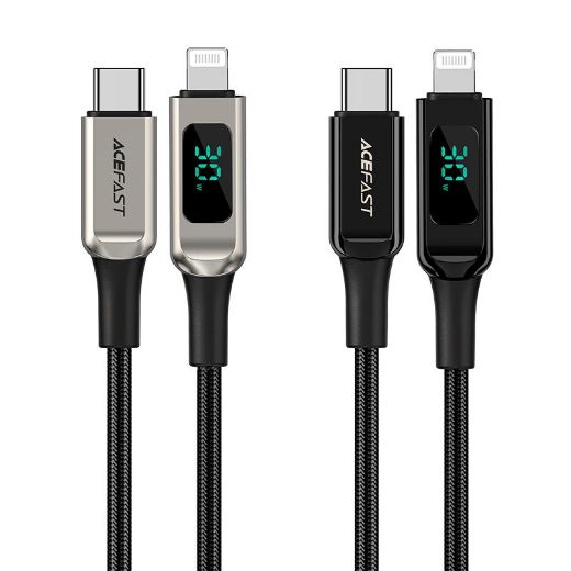 Picture of AceFast C6-01 USB-C to Lightning Zinc Alloy Digital Display Braided Charging Data Cable - Black