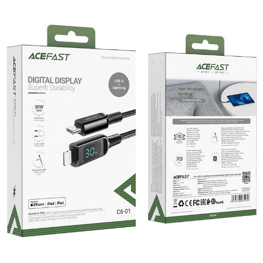 Picture of AceFast C6-01 USB-C to Lightning Zinc Alloy Digital Display Braided Charging Data Cable - Black