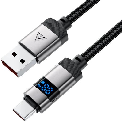 Picture of AceFast C15-04 Charging Data Cable 1.2M USB-A to USB-C 66W FC with LED Digital Display - Black