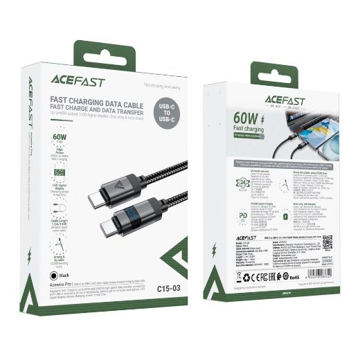 Picture of AceFast C15-03 Charging Data Cable 1.2M USB-C to USB-C 60W FC with LED Digital Display - Black