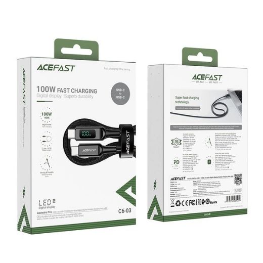 Picture of AceFast C6-03 Charging Data Cable 2M USB-C to USB-C 100W FC with LED Digital Display - Black