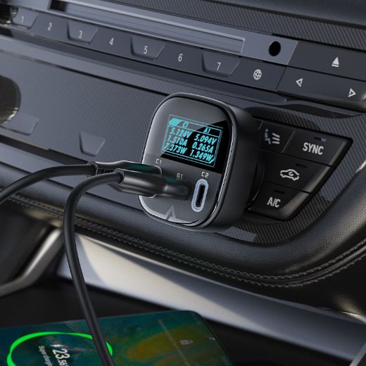 Picture of AceFast B5 101W 2 USB-C+A Metal Car Charger with Oled Smart Display - Black