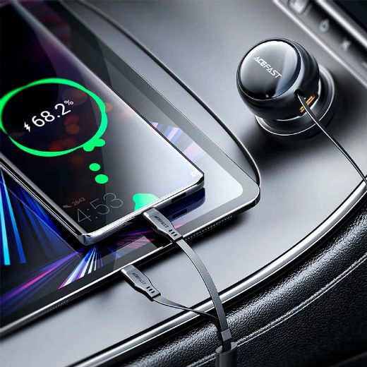 Picture of AceFast B13 53W 2-in-1 2 USB-C Car Charger with Retractable Cable - Black