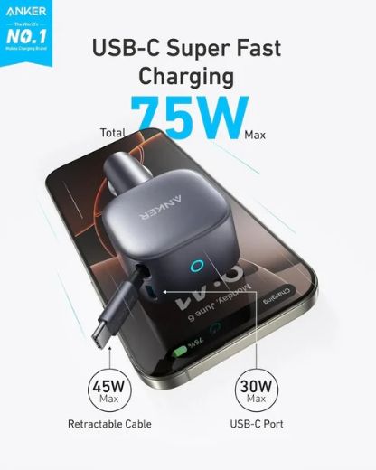 Picture of Anker Nano Car Charger 75W USB-C Port with Built-in Retractable USB-C Cable - Silver