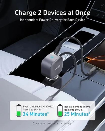 Picture of Anker Nano Car Charger 75W USB-C Port with Built-in Retractable USB-C Cable - Silver